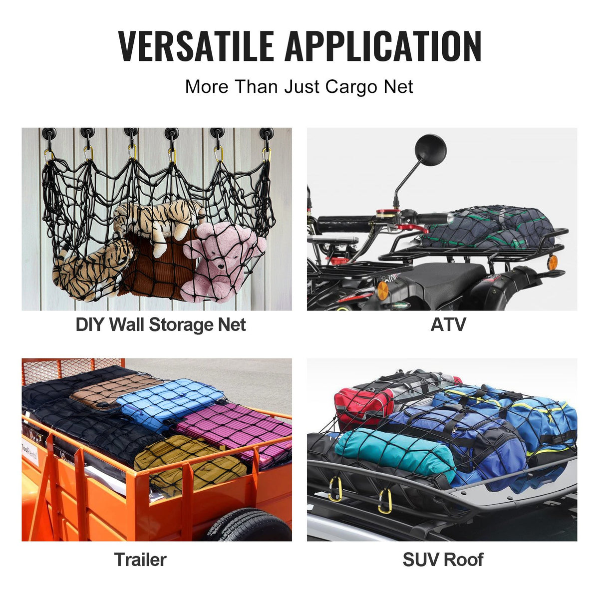 VEVOR Cargo Net, 72 in x 48 in, Heavy Duty Bungee Cargo Netting with 12 Carabiners, 4' x 6' Stretches to 7.2' x 10.8', Wear-resistant & Weather-proof, Suitable for Pickup, Truck, Jeep, SUV, Trailer - CDXLW7248INCDU0L0V0 - view 7