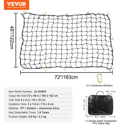 VEVOR Cargo Net, 72 in x 48 in, Heavy Duty Bungee Cargo Netting with 12 Carabiners, 4' x 6' Stretches to 7.2' x 10.8', Wear-resistant & Weather-proof, Suitable for Pickup, Truck, Jeep, SUV, Trailer - CDXLW7248INCDU0L0V0 - view 8