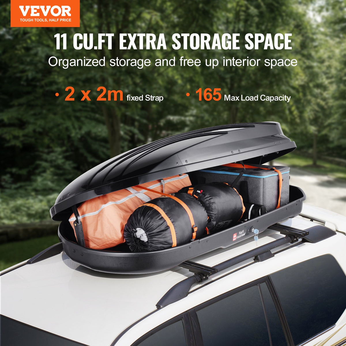 VEVOR Rooftop Cargo Carrier, 11 Cubic Feet Roof Cargo Box, ABS Hard Shell Roof Box, with Dual-Sided Opening and 2 Reinforced Straps, Aerodynamic, Suitable for most Crossbar, for Car, Wagon, SUV, Black - CDXLXHS11LFYIFFORV0 - view 3