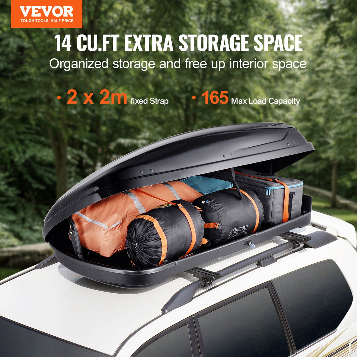 VEVOR Rooftop Cargo Carrier, 14 Cubic Feet Roof Cargo Box, ABS Hard Shell Roof Box, with Dual-Sided Opening and 2 Reinforced Straps, Aerodynamic, Suitable for most Crossbar, for Car, Wagon, SUV, Black - CDXLXHS14LFYUR2AAV0 - view 3