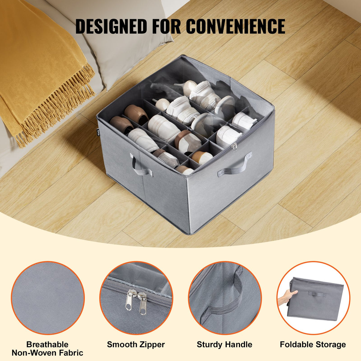 VEVOR Under Bed Shoe Storage Organizer, 1 Pack, 16 Compartments, Underbed Shoe Box Storage Containers Adjustable Dividers, Sandal Organizer Storage with Clear Window, Breathable, Reinforced Handles - CDXSNGKHS0000QJ43V0 - view 5