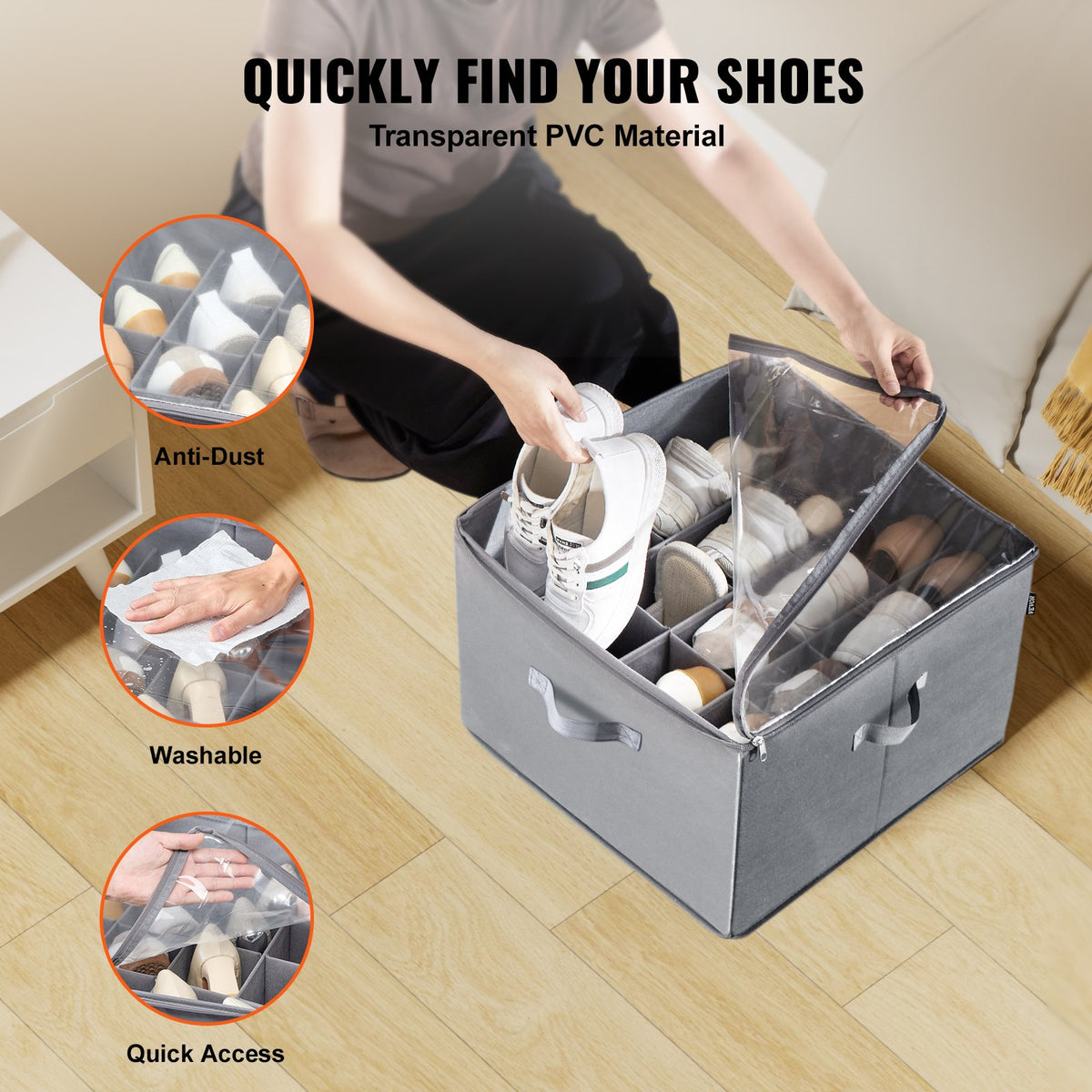 VEVOR Under Bed Shoe Storage Organizer, 1 Pack, 16 Compartments, Underbed Shoe Box Storage Containers Adjustable Dividers, Sandal Organizer Storage with Clear Window, Breathable, Reinforced Handles - CDXSNGKHS0000QJ43V0 - view 7