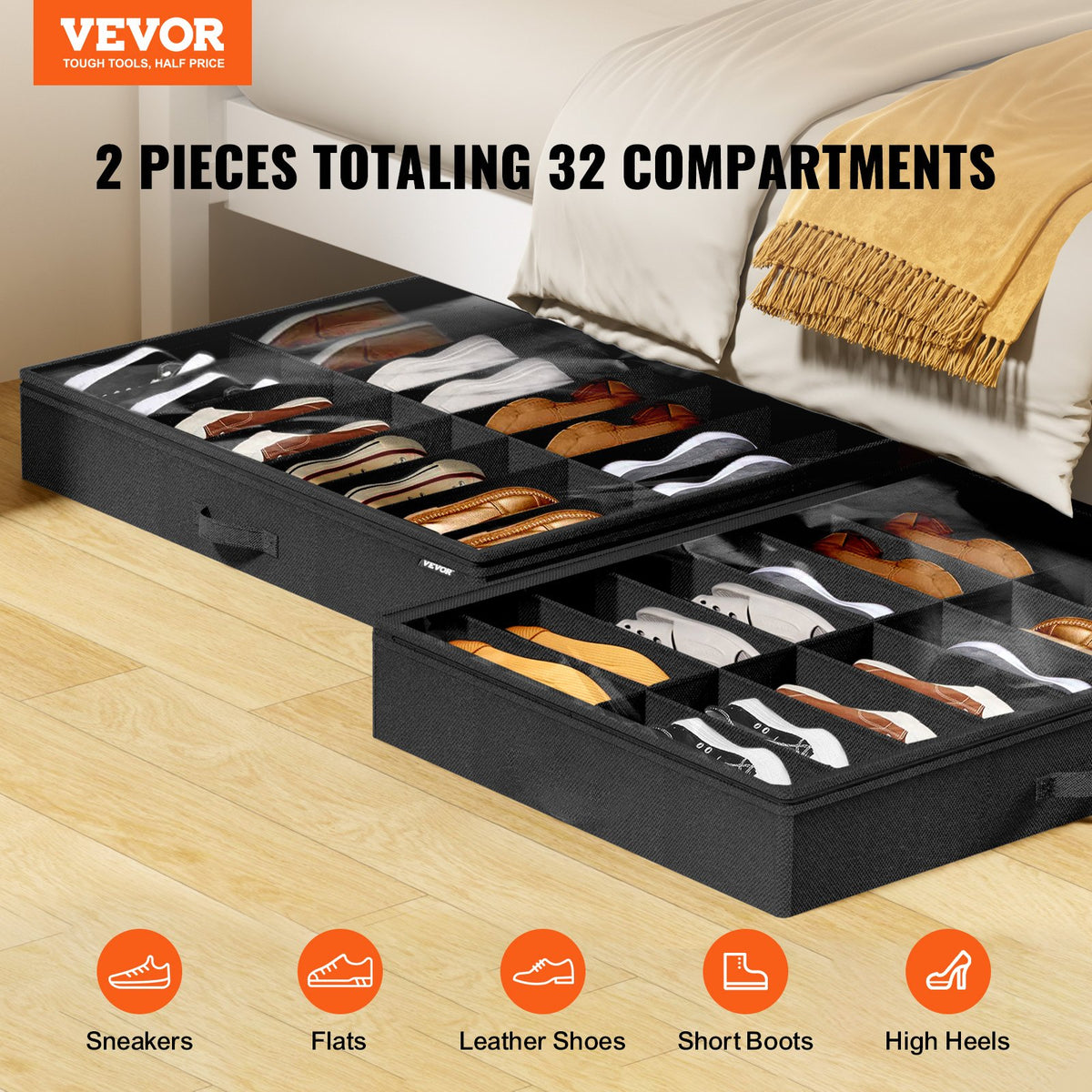 VEVOR Under Bed Shoe Storage Organizer, Set of 2, Total 32 Compartments, Underbed Shoes Closet Storage Solution with Clear Window, Breathable, Foldable Fabric Container Box with Reinforced Handles - CDXSNHS00000KOEBNV0 - view 3