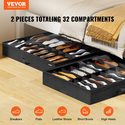 VEVOR Under Bed Shoe Storage Organizer, Set of 2, Total 32 Compartments, Underbed Shoes Closet Storage Solution with Clear Window, Breathable, Foldable Fabric Container Box with Reinforced Handles - CDXSNHS00000KOEBNV0 - view 3
