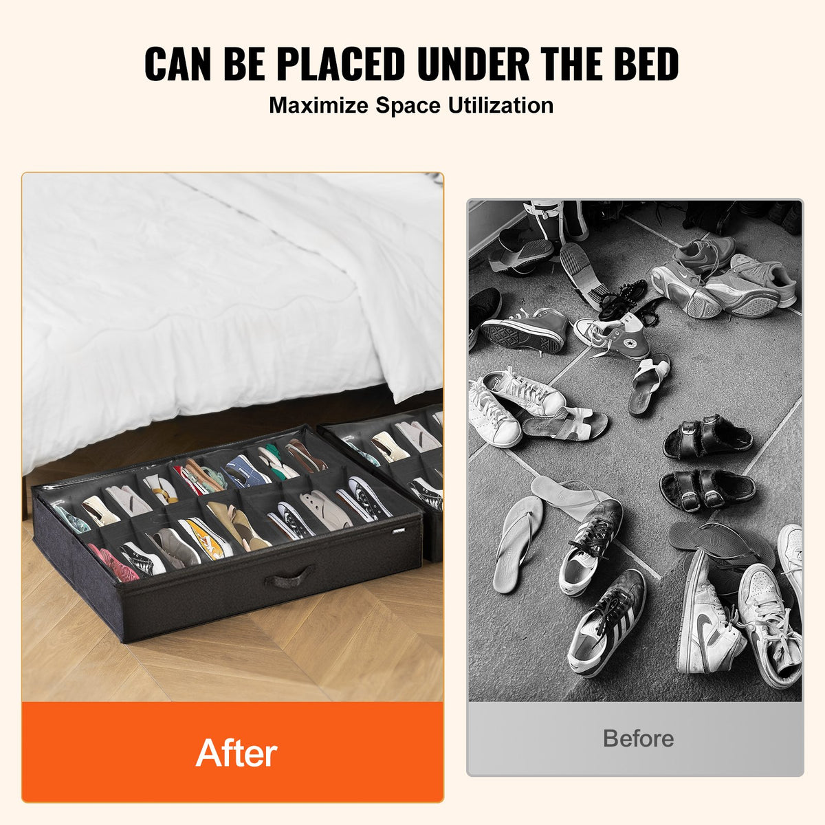 VEVOR Under Bed Shoe Storage Organizer, Set of 2, Total 32 Compartments, Underbed Shoes Closet Storage Solution with Clear Window, Breathable, Foldable Fabric Container Box with Reinforced Handles - CDXSNHS00000KOEBNV0 - view 4