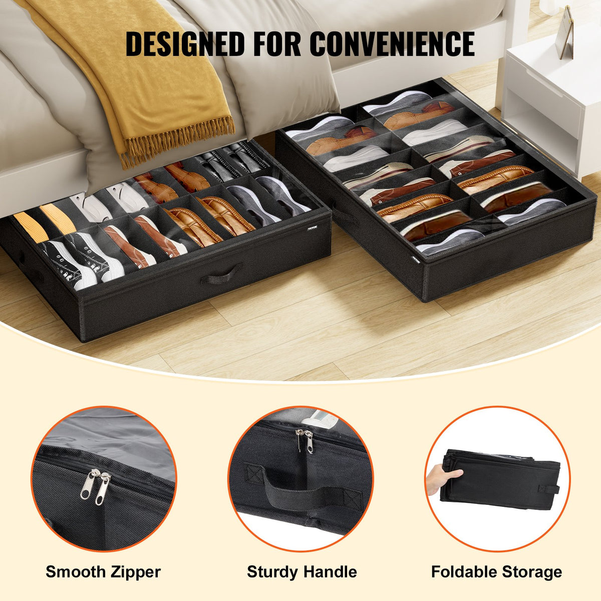 VEVOR Under Bed Shoe Storage Organizer, Set of 2, Total 32 Compartments, Underbed Shoes Closet Storage Solution with Clear Window, Breathable, Foldable Fabric Container Box with Reinforced Handles - CDXSNHS00000KOEBNV0 - view 5