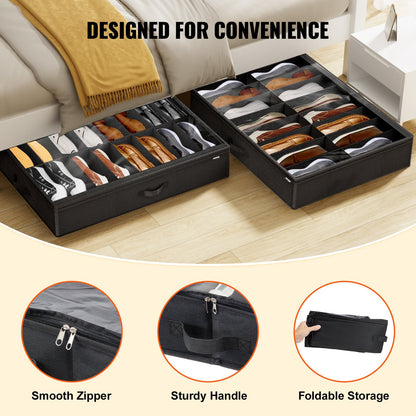 VEVOR Under Bed Shoe Storage Organizer, Set of 2, Total 32 Compartments, Underbed Shoes Closet Storage Solution with Clear Window, Breathable, Foldable Fabric Container Box with Reinforced Handles - CDXSNHS00000KOEBNV0 - view 5
