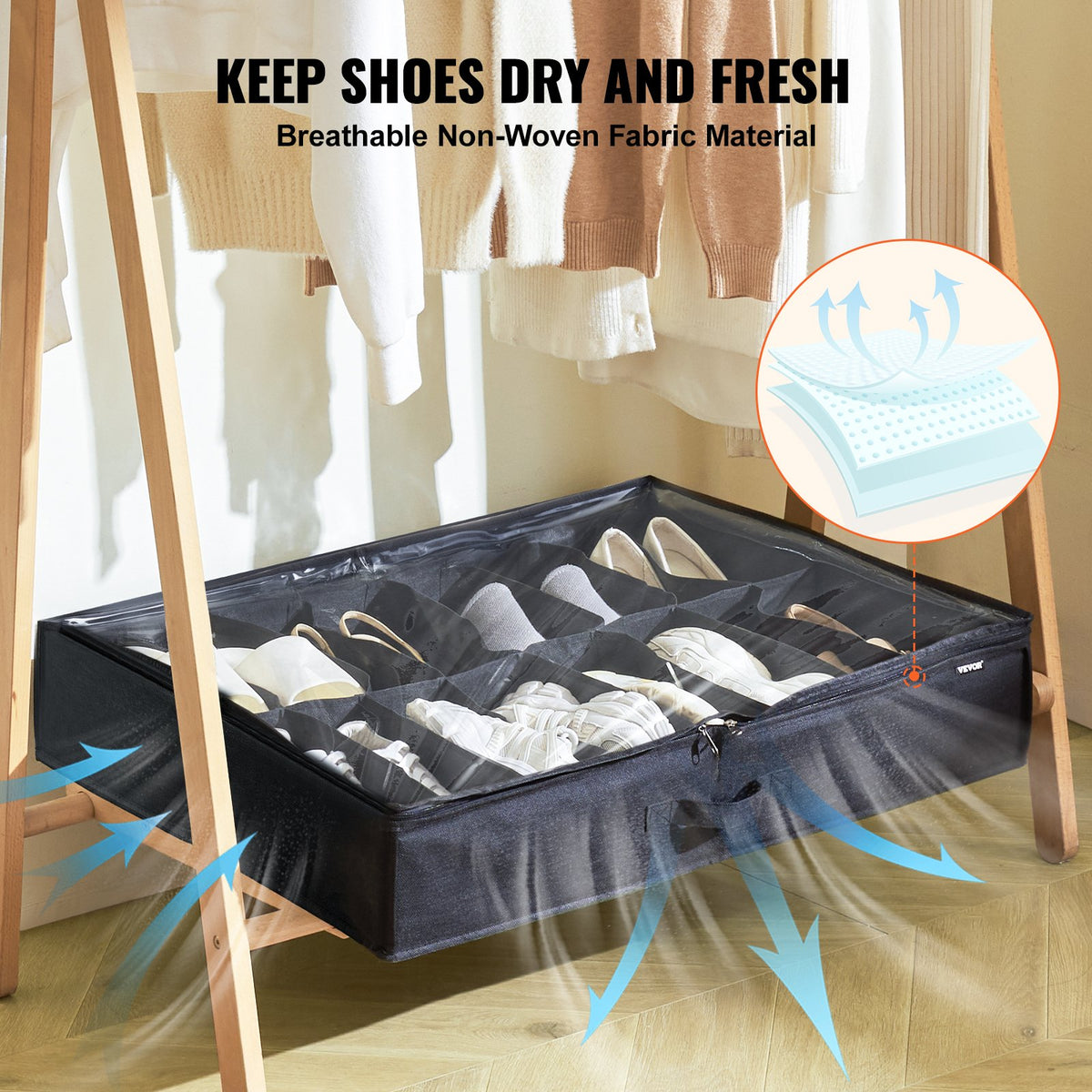 VEVOR Under Bed Shoe Storage Organizer, Set of 2, Total 32 Compartments, Underbed Shoes Closet Storage Solution with Clear Window, Breathable, Foldable Fabric Container Box with Reinforced Handles - CDXSNHS00000KOEBNV0 - view 6