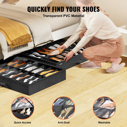 VEVOR Under Bed Shoe Storage Organizer, Set of 2, Total 32 Compartments, Underbed Shoes Closet Storage Solution with Clear Window, Breathable, Foldable Fabric Container Box with Reinforced Handles - CDXSNHS00000KOEBNV0 - view 7