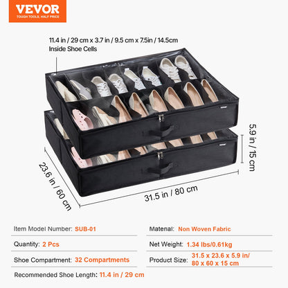 VEVOR Under Bed Shoe Storage Organizer, Set of 2, Total 32 Compartments, Underbed Shoes Closet Storage Solution with Clear Window, Breathable, Foldable Fabric Container Box with Reinforced Handles - CDXSNHS00000KOEBNV0 - view 8