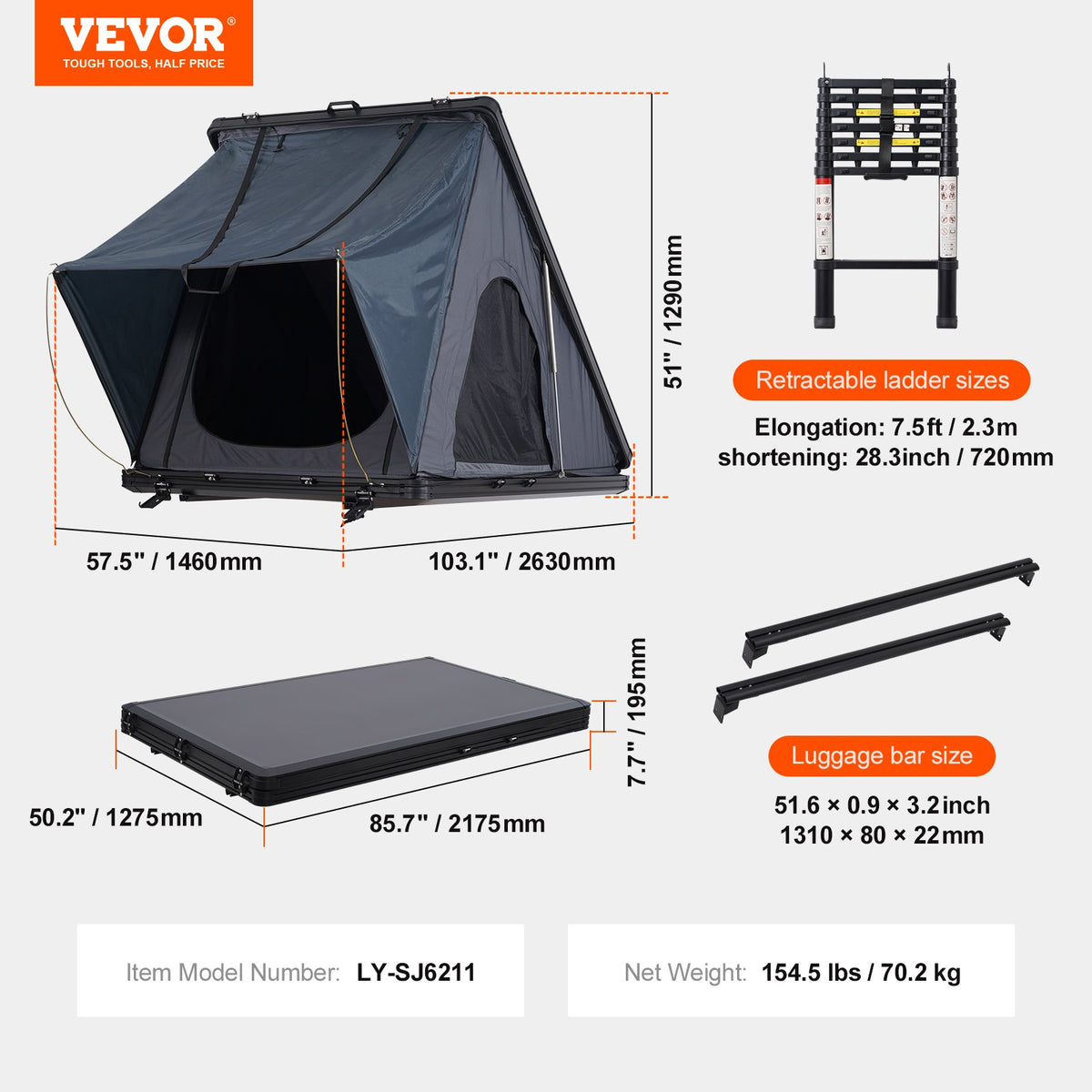 VEVOR Rooftop Tent Hard Shell, Naturnest Rooftop Tent Hardshell for 2-3 Person, Hard Shell Roof Top Tent with Telescopic Ladder Thick Mattress, Waterproof Windproof for Jeep SUV Van Pickup Truck - CDZPSJKSJKJBEH00WV9 - view 8