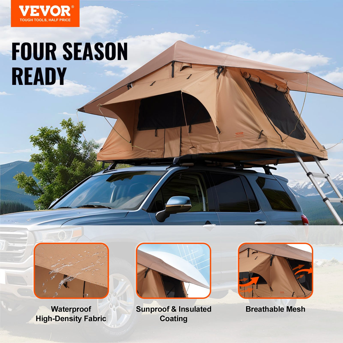 VEVOR Rooftop Tent Hard Shell, Naturnest Rooftop Tent Hardshell for 2-3 Person, Folding Hard Shell Roof Top Tent with Telescopic Ladder Mattress PVC Cover Bag, Waterproof for Jeep SUV Van Pickup Truck - CDZPZDKZDKX0DCT4YV9 - view 3
