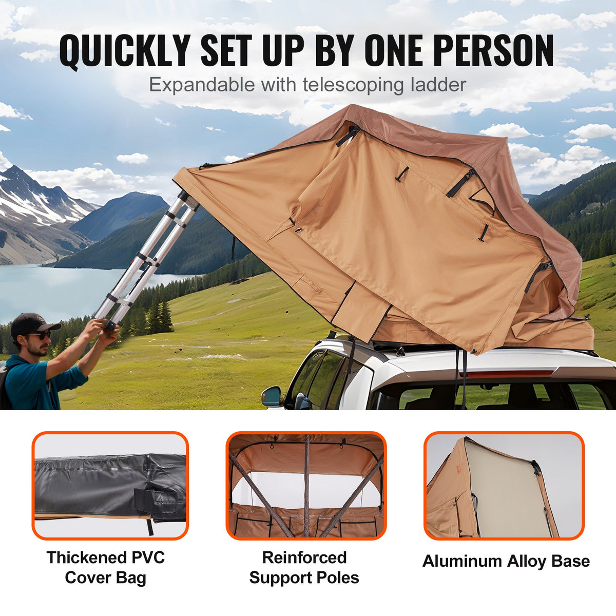 VEVOR Rooftop Tent Hard Shell, Naturnest Rooftop Tent Hardshell for 2-3 Person, Folding Hard Shell Roof Top Tent with Telescopic Ladder Mattress PVC Cover Bag, Waterproof for Jeep SUV Van Pickup Truck - CDZPZDKZDKX0DCT4YV9 - view 5