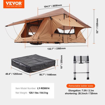 VEVOR Rooftop Tent Hard Shell, Naturnest Rooftop Tent Hardshell for 2-3 Person, Folding Hard Shell Roof Top Tent with Telescopic Ladder Mattress PVC Cover Bag, Waterproof for Jeep SUV Van Pickup Truck - CDZPZDKZDKX0DCT4YV9 - view 8
