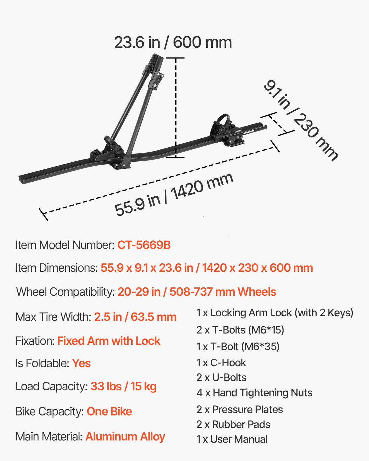 VEVOR Roof Bike Rack, 33 lbs Capacity, Upright Roof Mount Bicycle Rack with Secure Locking System for Most Standard Crossbars, Aluminum Upright Rooftop Bike Rack 1 Bike Carrier for Car SUV, Black - CDZXCJZLFZDC0GA9H001V0 - view 8