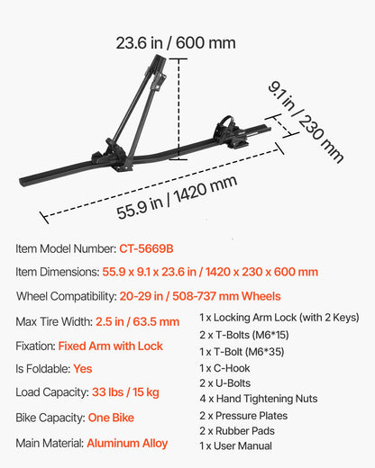 VEVOR Roof Bike Rack, 33 lbs Capacity, Upright Roof Mount Bicycle Rack with Secure Locking System for Most Standard Crossbars, Aluminum Upright Rooftop Bike Rack 1 Bike Carrier for Car SUV, Black - CDZXCJZLFZDC0GA9H001V0 - view 8