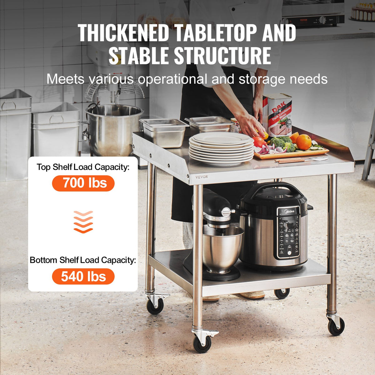 VEVOR Stainless Steel Work Table, 24 x 28 x 30 Inch Commercial Food Prep Worktable with 4 Wheels, Casters, 3-Sided Backsplash Heavy Duty Prep Worktable, Metal Work Table for Restaurant Home Hotel - CFBXGGZTDJLSBZDTCV0 - view 4