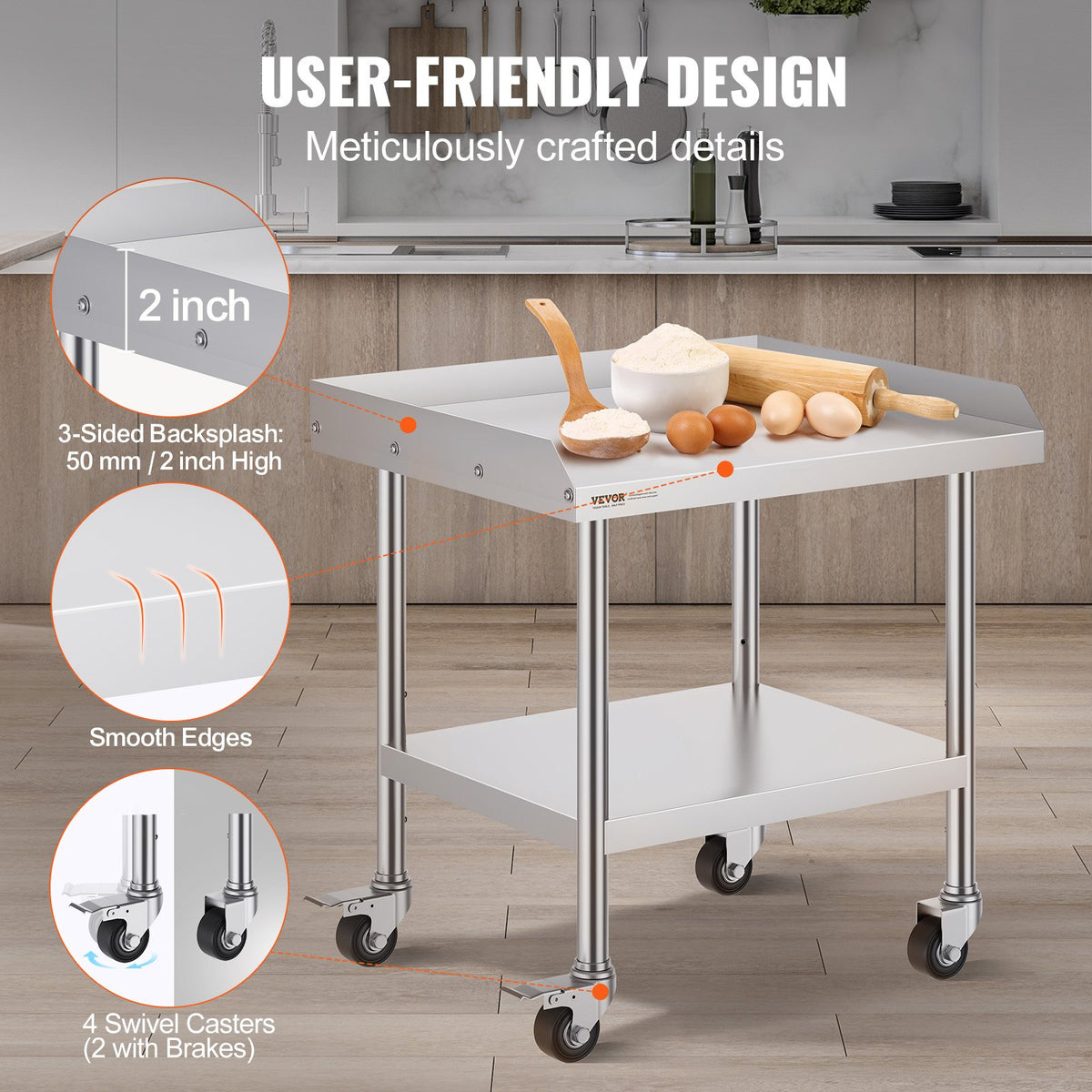 VEVOR Stainless Steel Work Table, 24 x 28 x 30 Inch Commercial Food Prep Worktable with 4 Wheels, Casters, 3-Sided Backsplash Heavy Duty Prep Worktable, Metal Work Table for Restaurant Home Hotel - CFBXGGZTDJLSBZDTCV0 - view 5