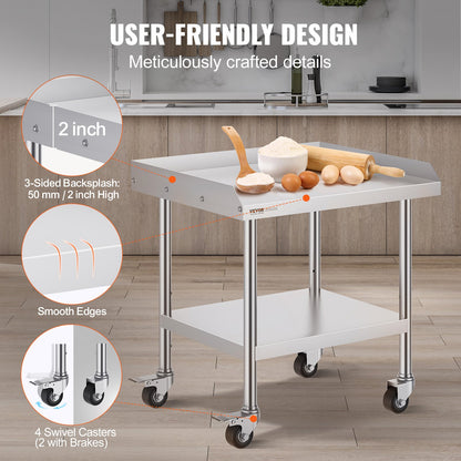 VEVOR Stainless Steel Work Table, 24 x 28 x 30 Inch Commercial Food Prep Worktable with 4 Wheels, Casters, 3-Sided Backsplash Heavy Duty Prep Worktable, Metal Work Table for Restaurant Home Hotel - CFBXGGZTDJLSBZDTCV0 - view 5