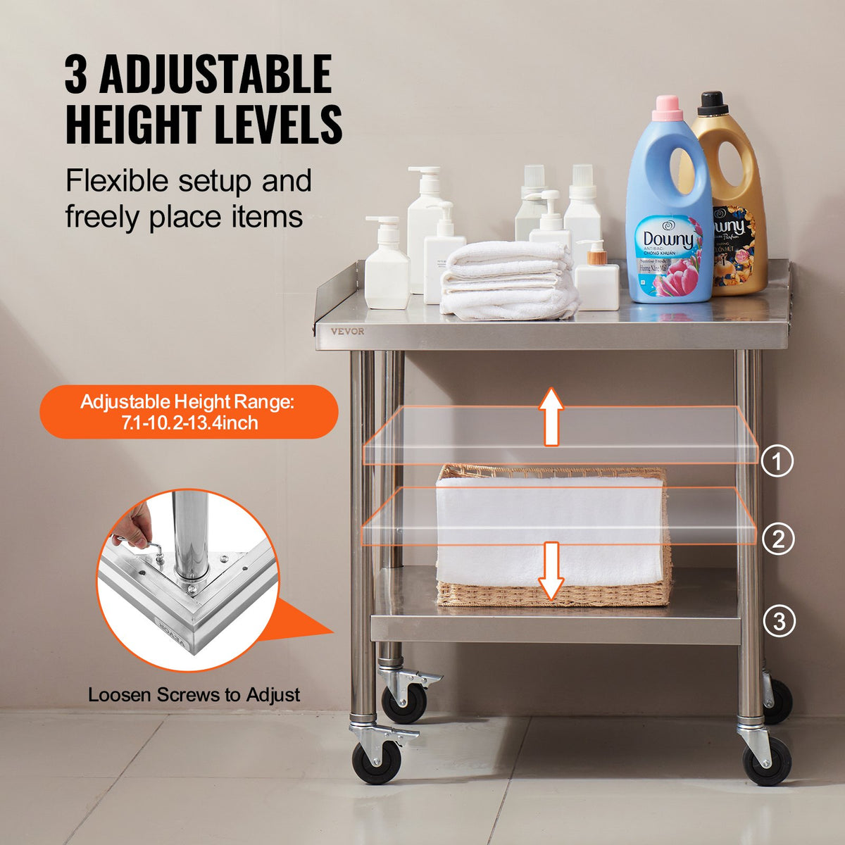 VEVOR Stainless Steel Work Table, 24 x 28 x 30 Inch Commercial Food Prep Worktable with 4 Wheels, Casters, 3-Sided Backsplash Heavy Duty Prep Worktable, Metal Work Table for Restaurant Home Hotel - CFBXGGZTDJLSBZDTCV0 - view 6