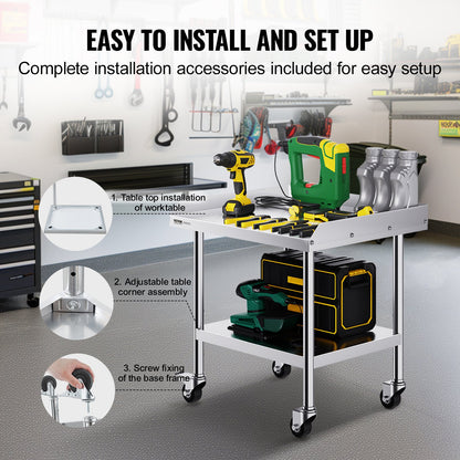 VEVOR Stainless Steel Work Table, 24 x 28 x 30 Inch Commercial Food Prep Worktable with 4 Wheels, Casters, 3-Sided Backsplash Heavy Duty Prep Worktable, Metal Work Table for Restaurant Home Hotel - CFBXGGZTDJLSBZDTCV0 - view 7