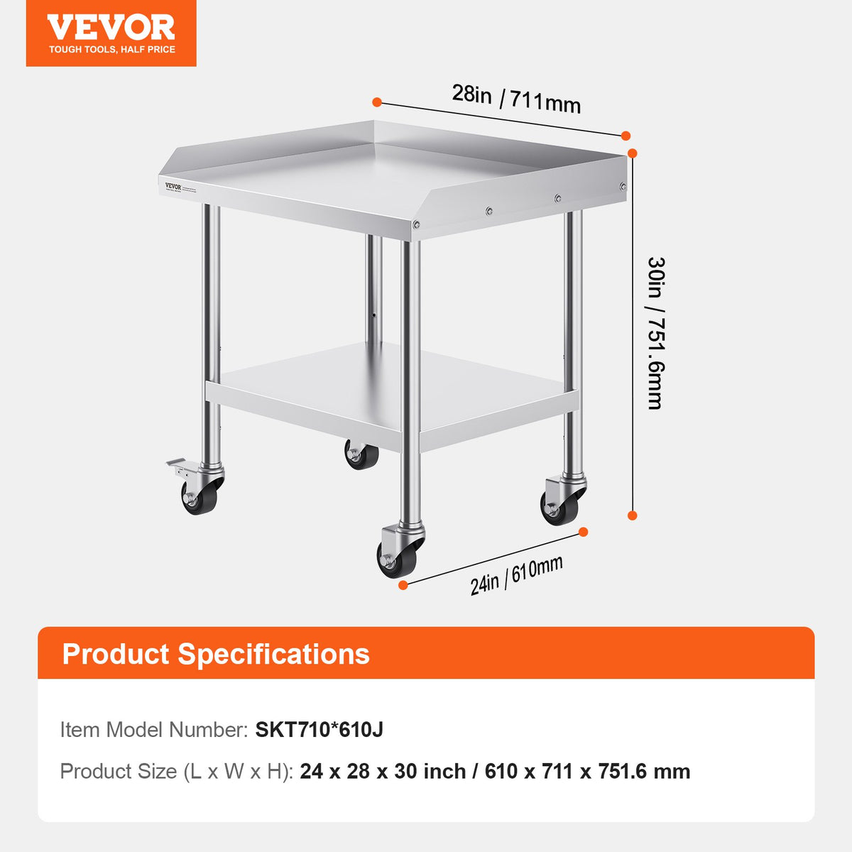 VEVOR Stainless Steel Work Table, 24 x 28 x 30 Inch Commercial Food Prep Worktable with 4 Wheels, Casters, 3-Sided Backsplash Heavy Duty Prep Worktable, Metal Work Table for Restaurant Home Hotel - CFBXGGZTDJLSBZDTCV0 - view 8