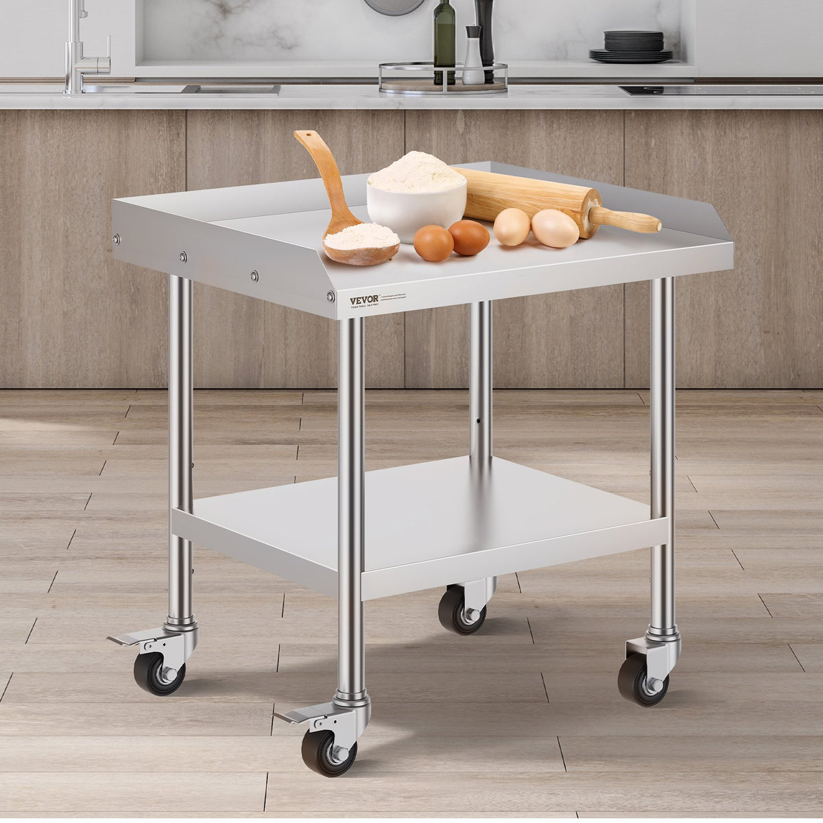 VEVOR Stainless Steel Work Table, 24 x 28 x 30 Inch Commercial Food Prep Worktable with 4 Wheels, Casters, 3-Sided Backsplash Heavy Duty Prep Worktable, Metal Work Table for Restaurant Home Hotel - CFBXGGZTDJLSBZDTCV0 - view 9
