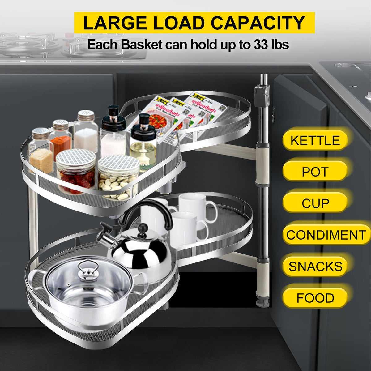 VEVOR Swing Left Blind Corner Cabinet Pull Out for 36 inch Cabinet, 2 Tier Swing Tray Blind Kitchen Cabinet, Soft Close Cloud Blind Organizer for Right Handed Open Blind Corner - CGLLSNGFDX36YCZB1V0 - view 2