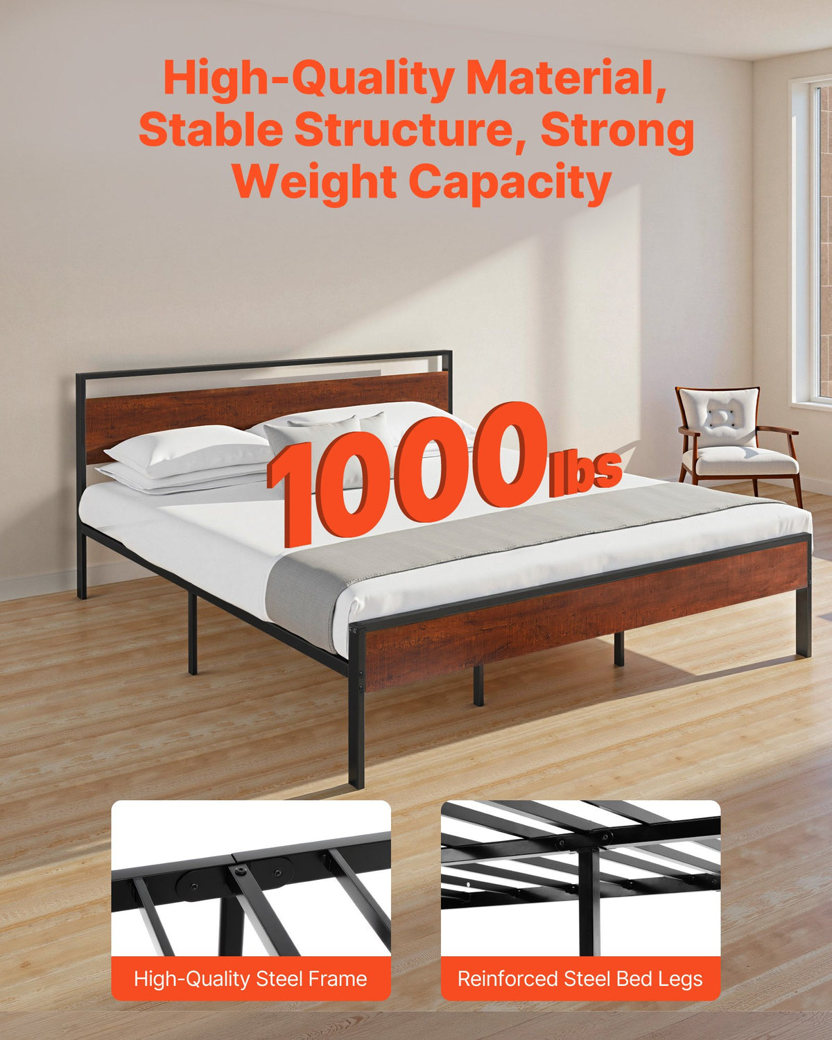 VEVOR King Size Bed Frame, 14 Inch Black Metal Platform Bed Frame with Retro Brown Wooden Headboard and Footboard, Large Under-Bed Storage, Non-Slip Without Noise, No Box Spring Needed, Easy Assembly - CGSTMJSPTCZSF3A3M001V0 - view 3