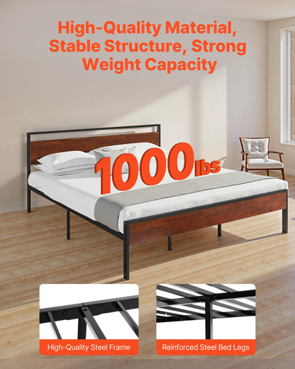 VEVOR King Size Bed Frame, 14 Inch Black Metal Platform Bed Frame with Retro Brown Wooden Headboard and Footboard, Large Under-Bed Storage, Non-Slip Without Noise, No Box Spring Needed, Easy Assembly - CGSTMJSPTCZSF3A3M001V0 - view 3