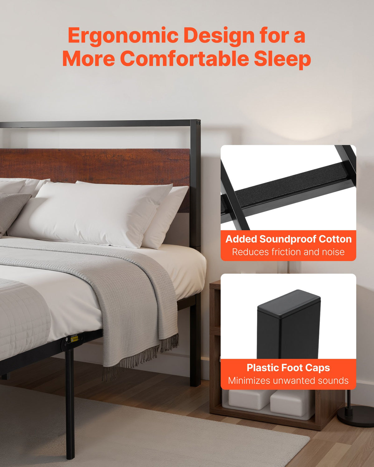 VEVOR King Size Bed Frame, 14 Inch Black Metal Platform Bed Frame with Retro Brown Wooden Headboard and Footboard, Large Under-Bed Storage, Non-Slip Without Noise, No Box Spring Needed, Easy Assembly - CGSTMJSPTCZSF3A3M001V0 - view 4
