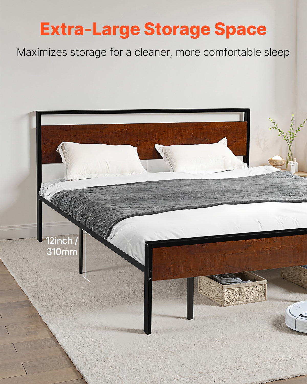 VEVOR King Size Bed Frame, 14 Inch Black Metal Platform Bed Frame with Retro Brown Wooden Headboard and Footboard, Large Under-Bed Storage, Non-Slip Without Noise, No Box Spring Needed, Easy Assembly - CGSTMJSPTCZSF3A3M001V0 - view 5