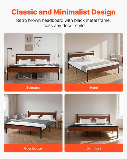 VEVOR King Size Bed Frame, 14 Inch Black Metal Platform Bed Frame with Retro Brown Wooden Headboard and Footboard, Large Under-Bed Storage, Non-Slip Without Noise, No Box Spring Needed, Easy Assembly - CGSTMJSPTCZSF3A3M001V0 - view 6