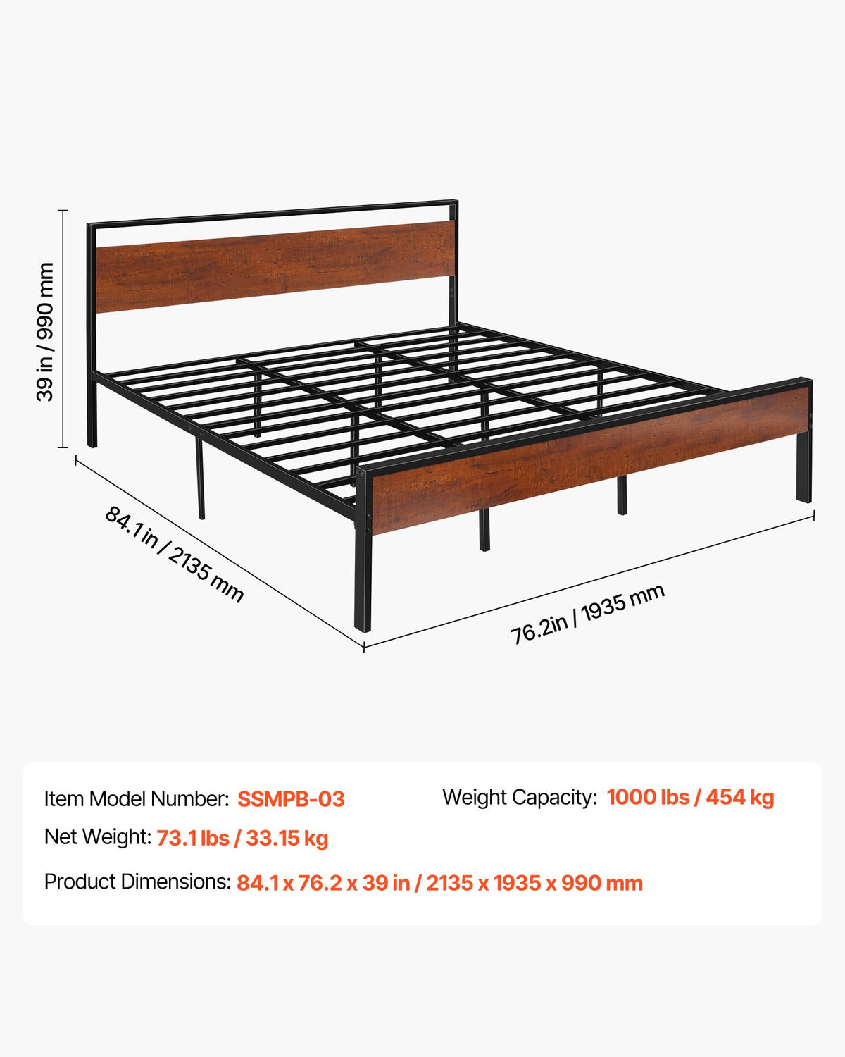 VEVOR King Size Bed Frame, 14 Inch Black Metal Platform Bed Frame with Retro Brown Wooden Headboard and Footboard, Large Under-Bed Storage, Non-Slip Without Noise, No Box Spring Needed, Easy Assembly - CGSTMJSPTCZSF3A3M001V0 - view 8