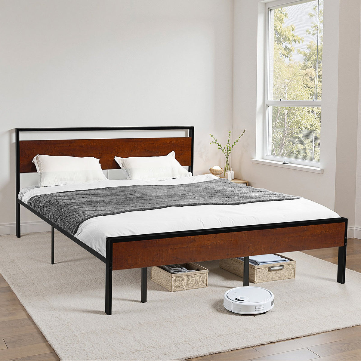 VEVOR King Size Bed Frame, 14 Inch Black Metal Platform Bed Frame with Retro Brown Wooden Headboard and Footboard, Large Under-Bed Storage, Non-Slip Without Noise, No Box Spring Needed, Easy Assembly - CGSTMJSPTCZSF3A3M001V0 - view 9