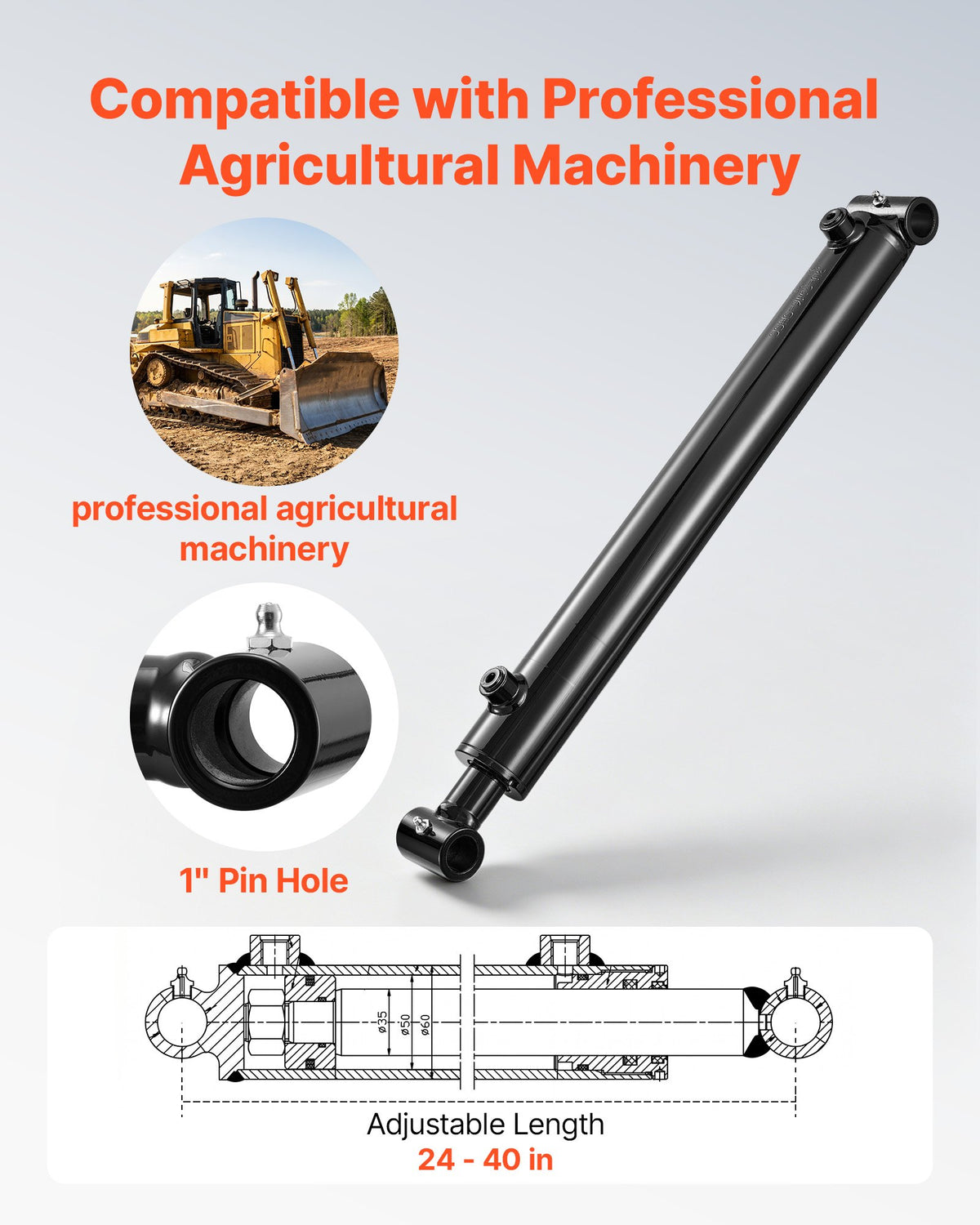 VEVOR Double Acting Hydraulic Cylinder, 2" Bore x 16" Stroke, Max 3500PSI Hydraulic Cylinder, Heavy-Duty Welded Cross Tube Cylinders with 1" Pin Hole & SAE #6 Port for Agricultural Machinery, Tractors - CGSZYYYG2INCIIVKU001V0 - view 3