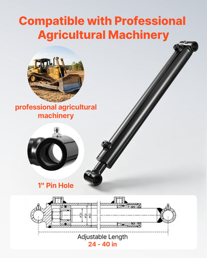 VEVOR Double Acting Hydraulic Cylinder, 2" Bore x 16" Stroke, Max 3500PSI Hydraulic Cylinder, Heavy-Duty Welded Cross Tube Cylinders with 1" Pin Hole & SAE #6 Port for Agricultural Machinery, Tractors - CGSZYYYG2INCIIVKU001V0 - view 3