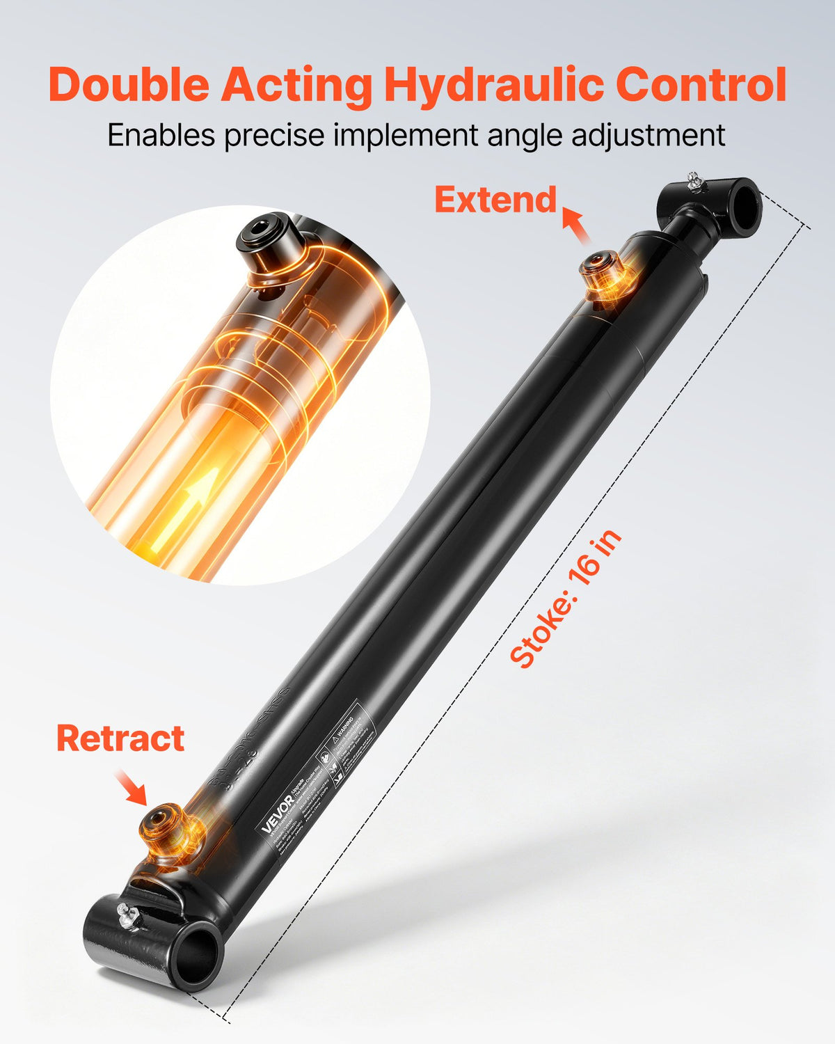 VEVOR Double Acting Hydraulic Cylinder, 2" Bore x 16" Stroke, Max 3500PSI Hydraulic Cylinder, Heavy-Duty Welded Cross Tube Cylinders with 1" Pin Hole & SAE #6 Port for Agricultural Machinery, Tractors - CGSZYYYG2INCIIVKU001V0 - view 5