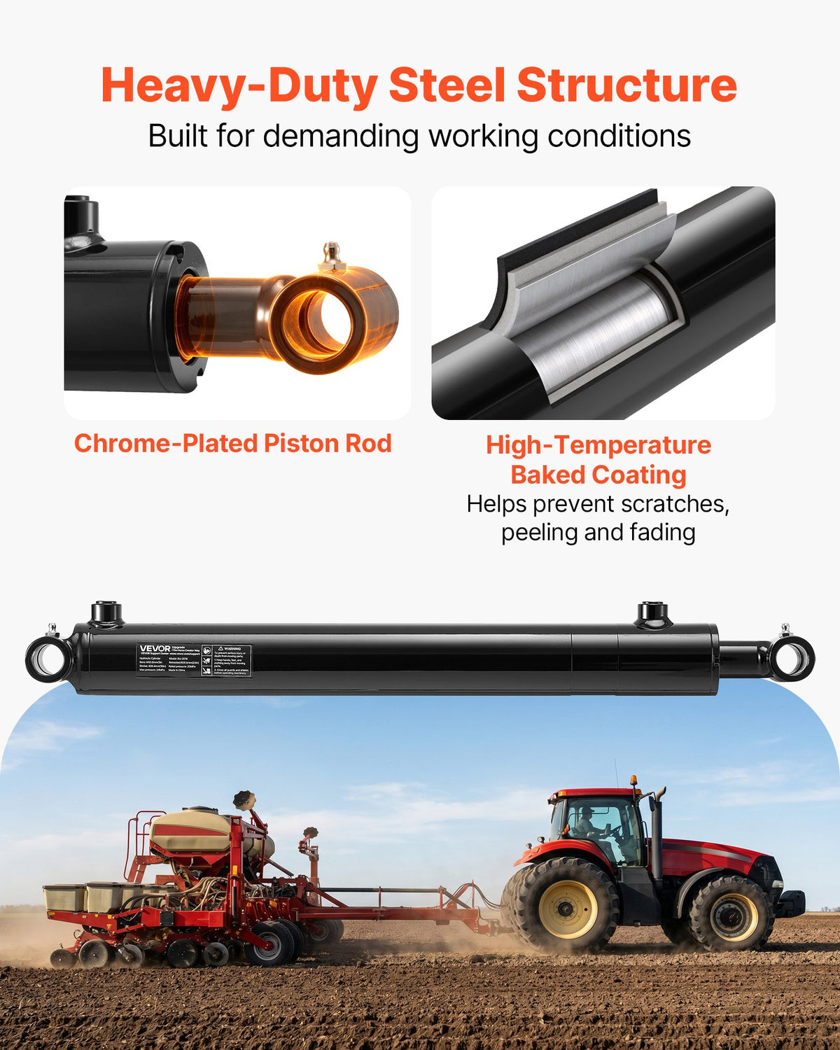 VEVOR Double Acting Hydraulic Cylinder, 2" Bore x 16" Stroke, Max 3500PSI Hydraulic Cylinder, Heavy-Duty Welded Cross Tube Cylinders with 1" Pin Hole & SAE #6 Port for Agricultural Machinery, Tractors - CGSZYYYG2INCIIVKU001V0 - view 6