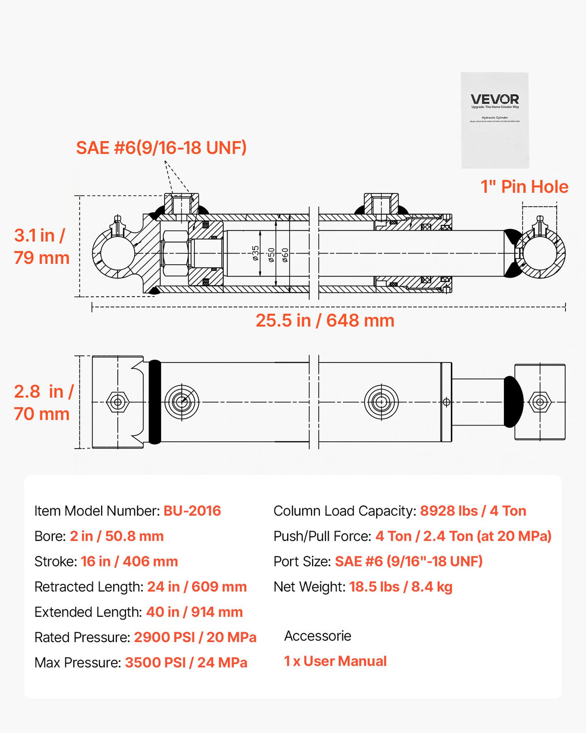 VEVOR Double Acting Hydraulic Cylinder, 2" Bore x 16" Stroke, Max 3500PSI Hydraulic Cylinder, Heavy-Duty Welded Cross Tube Cylinders with 1" Pin Hole & SAE #6 Port for Agricultural Machinery, Tractors - CGSZYYYG2INCIIVKU001V0 - view 8