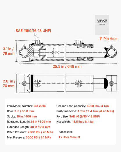 VEVOR Double Acting Hydraulic Cylinder, 2" Bore x 16" Stroke, Max 3500PSI Hydraulic Cylinder, Heavy-Duty Welded Cross Tube Cylinders with 1" Pin Hole & SAE #6 Port for Agricultural Machinery, Tractors - CGSZYYYG2INCIIVKU001V0 - view 8