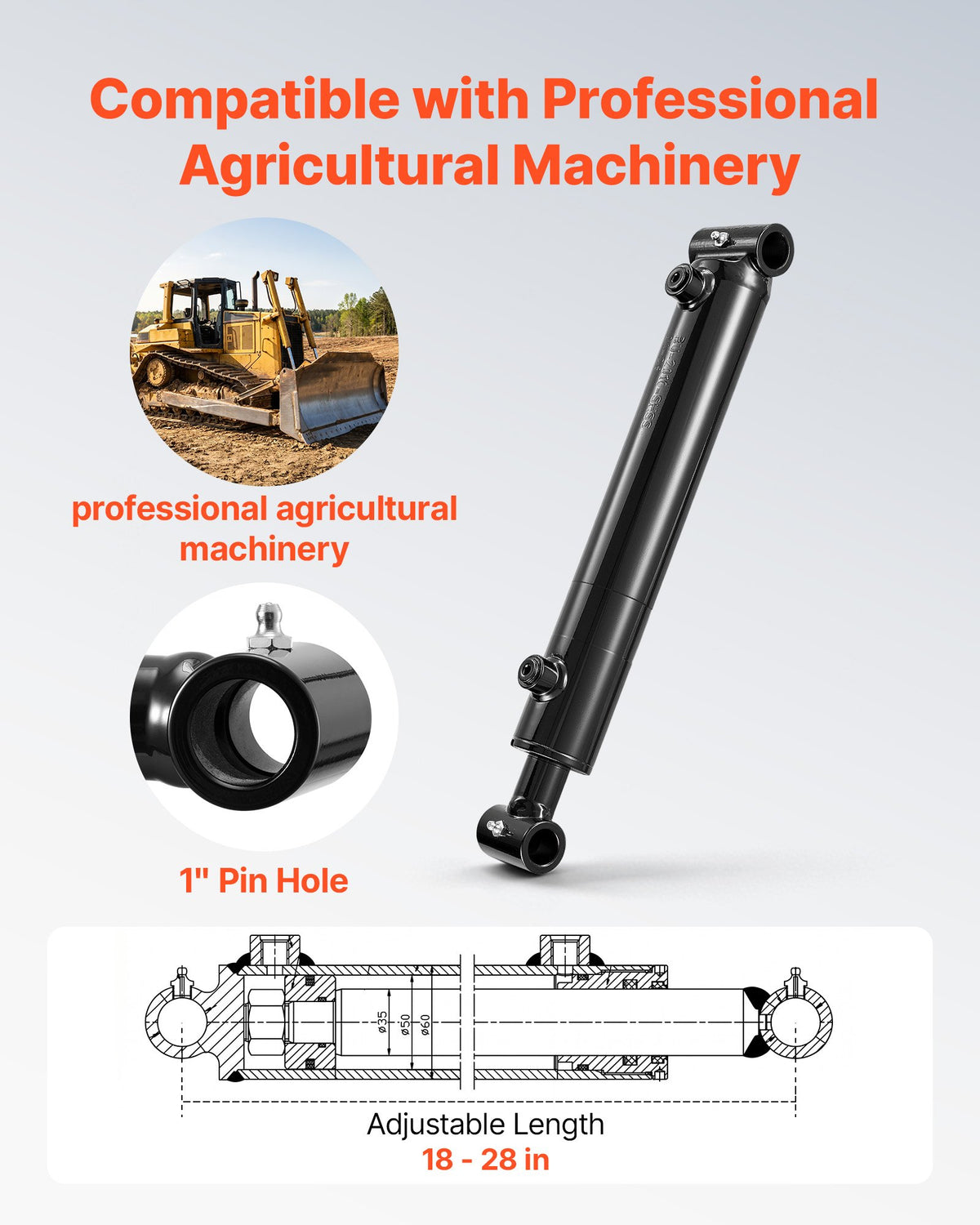 VEVOR Double Acting Hydraulic Cylinder, 2" Bore x 10" Stroke, Max 3500PSI Hydraulic Cylinder, Heavy-Duty Welded Cross Tube Cylinders with 1" Pin Hole & SAE #6 Port for Agricultural Machinery, Tractors - CGSZYYYG2INCLIZN9001V0 - view 3