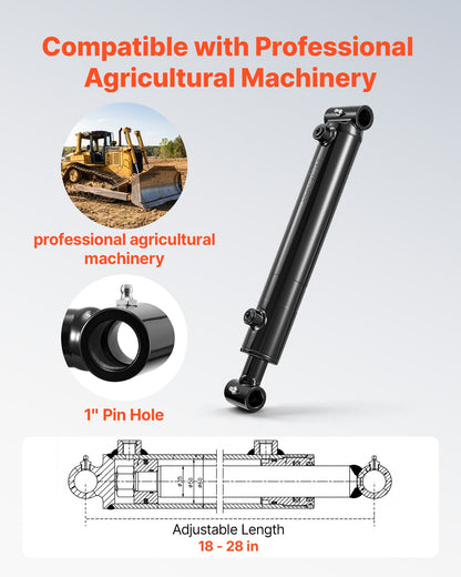 VEVOR Double Acting Hydraulic Cylinder, 2" Bore x 10" Stroke, Max 3500PSI Hydraulic Cylinder, Heavy-Duty Welded Cross Tube Cylinders with 1" Pin Hole & SAE #6 Port for Agricultural Machinery, Tractors - CGSZYYYG2INCLIZN9001V0 - view 3