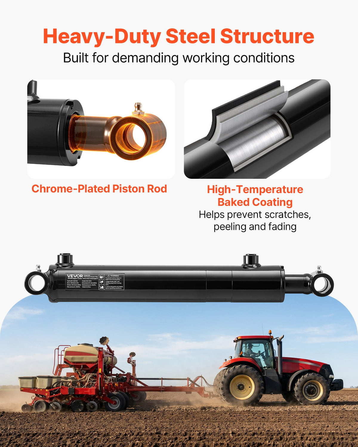 VEVOR Double Acting Hydraulic Cylinder, 2" Bore x 10" Stroke, Max 3500PSI Hydraulic Cylinder, Heavy-Duty Welded Cross Tube Cylinders with 1" Pin Hole & SAE #6 Port for Agricultural Machinery, Tractors - CGSZYYYG2INCLIZN9001V0 - view 6