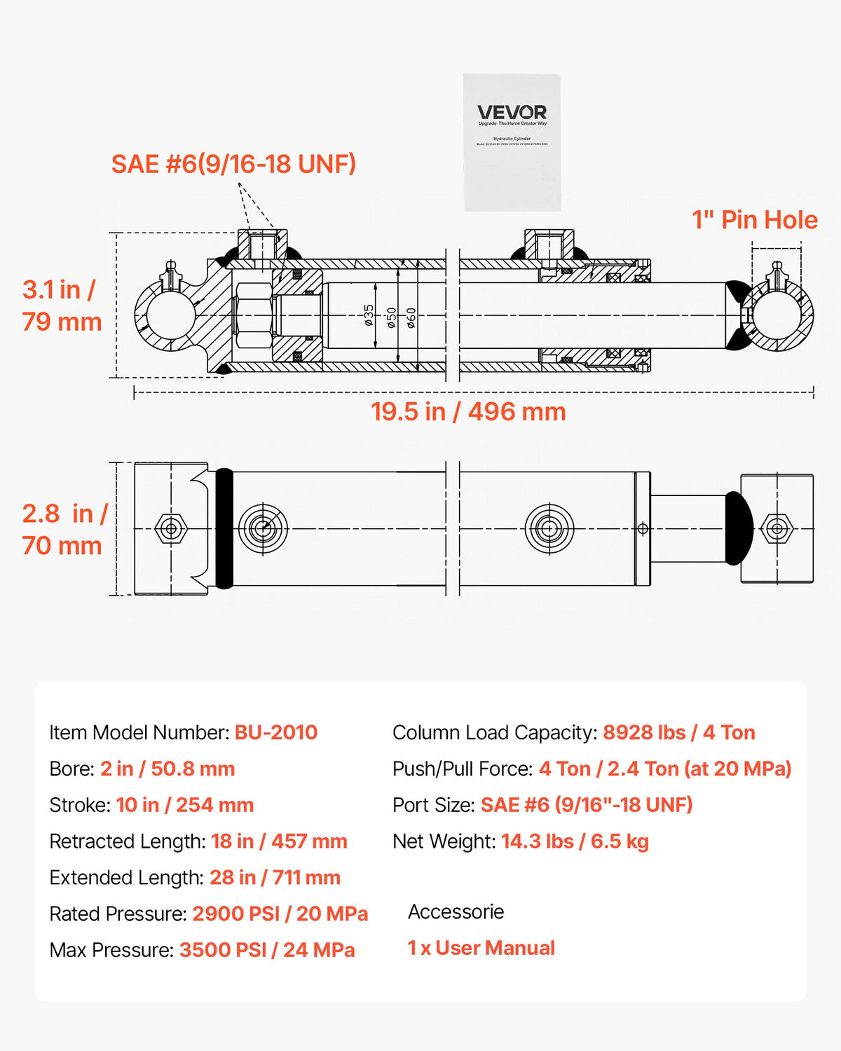 VEVOR Double Acting Hydraulic Cylinder, 2" Bore x 10" Stroke, Max 3500PSI Hydraulic Cylinder, Heavy-Duty Welded Cross Tube Cylinders with 1" Pin Hole & SAE #6 Port for Agricultural Machinery, Tractors - CGSZYYYG2INCLIZN9001V0 - view 8