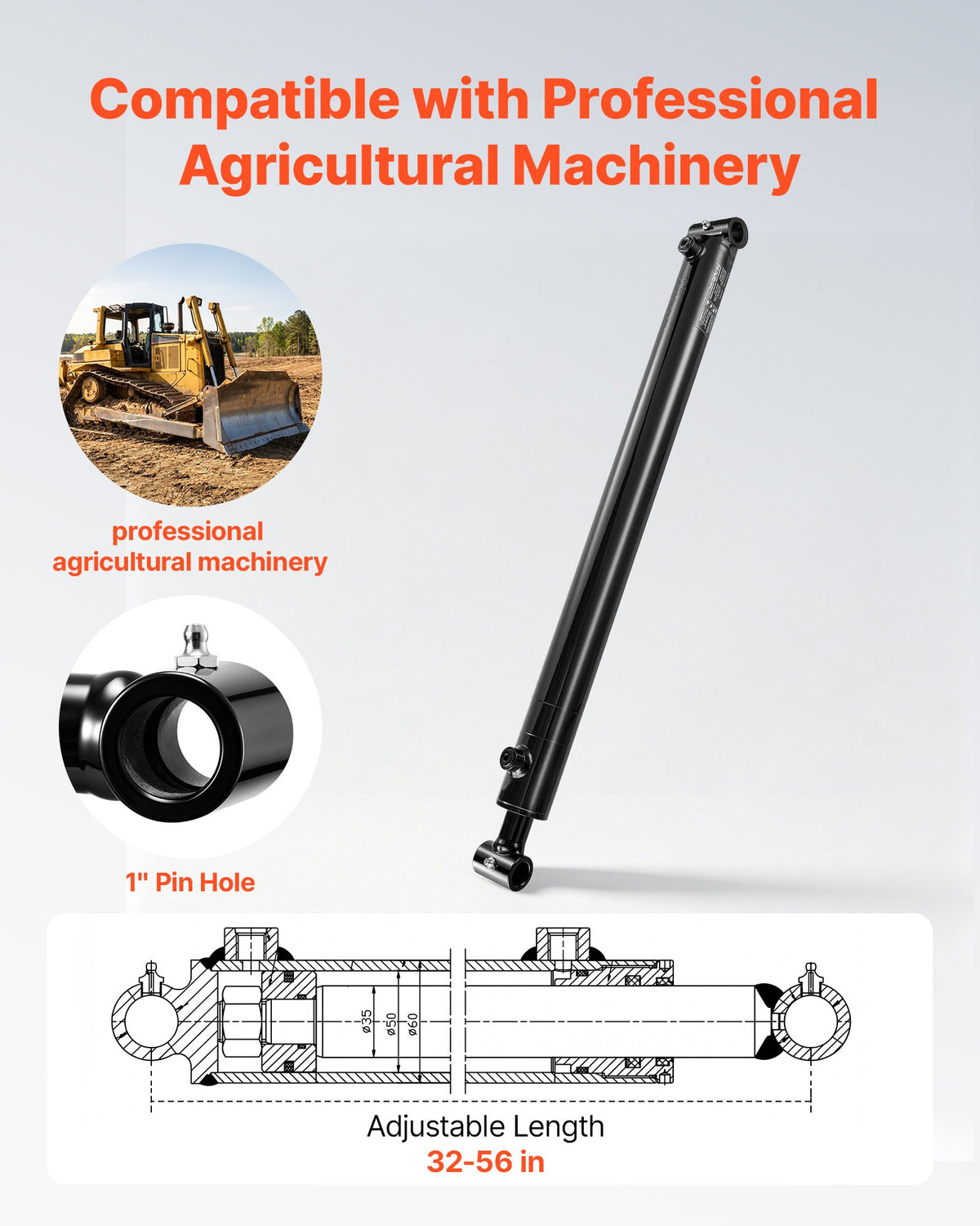 VEVOR Double Acting Hydraulic Cylinder, 2" Bore x 24" Stroke, Max 3500PSI Hydraulic Cylinder, Heavy-Duty Welded Cross Tube Cylinders with 1" Pin Hole & SAE #6 Port for Agricultural Machinery, Tractors - CGSZYYYG2INCOV2AN001V0 - view 3