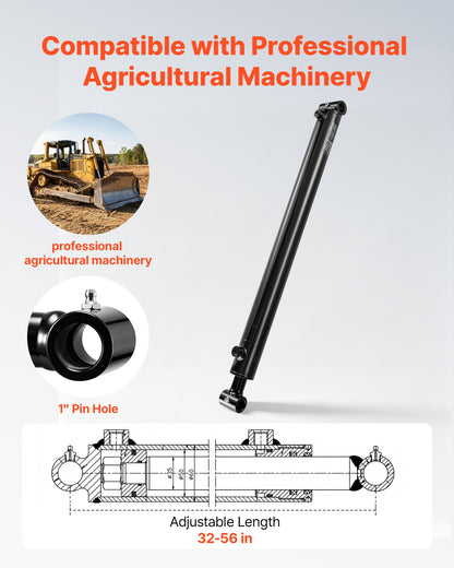 VEVOR Double Acting Hydraulic Cylinder, 2" Bore x 24" Stroke, Max 3500PSI Hydraulic Cylinder, Heavy-Duty Welded Cross Tube Cylinders with 1" Pin Hole & SAE #6 Port for Agricultural Machinery, Tractors - CGSZYYYG2INCOV2AN001V0 - view 3