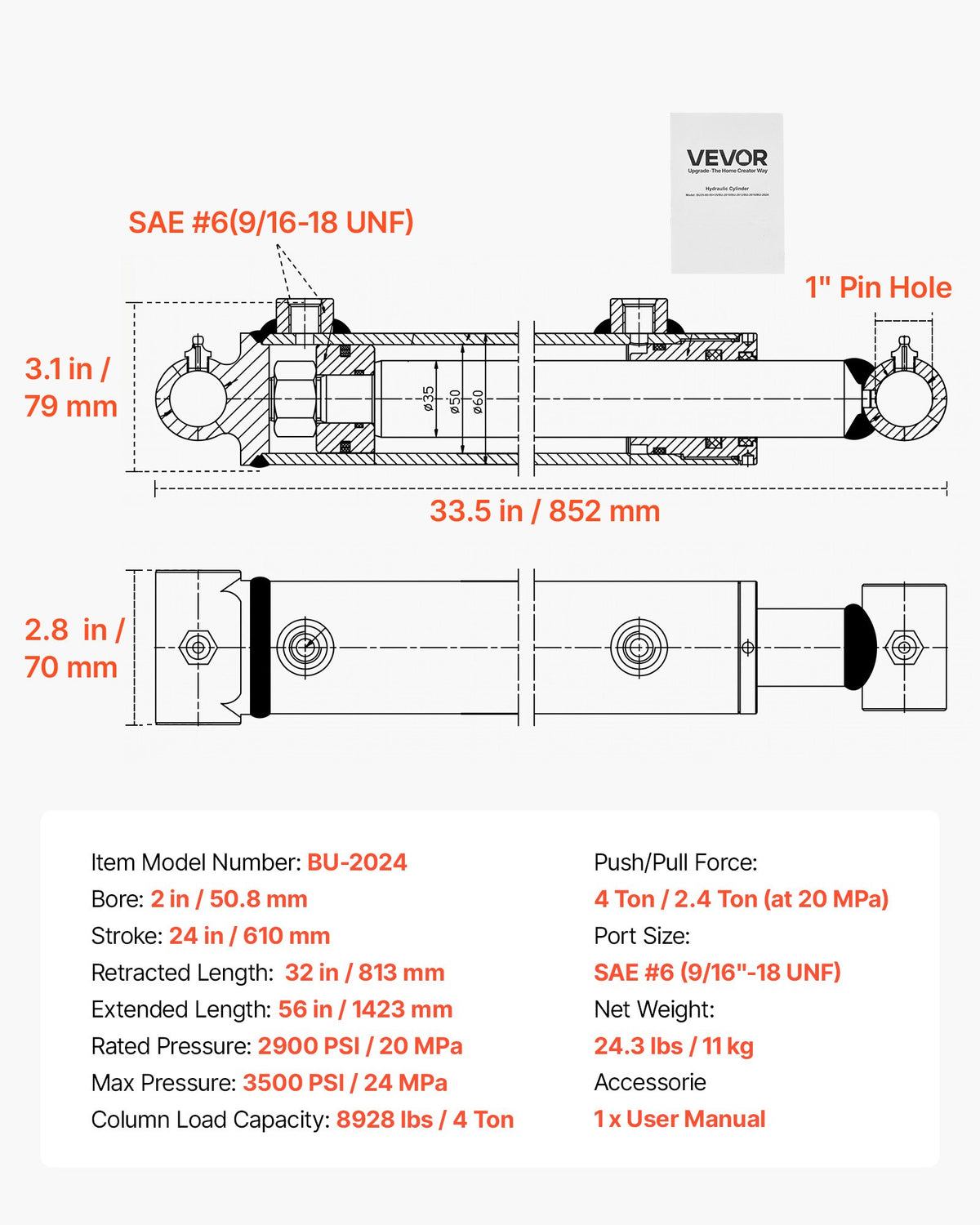 VEVOR Double Acting Hydraulic Cylinder, 2" Bore x 24" Stroke, Max 3500PSI Hydraulic Cylinder, Heavy-Duty Welded Cross Tube Cylinders with 1" Pin Hole & SAE #6 Port for Agricultural Machinery, Tractors - CGSZYYYG2INCOV2AN001V0 - view 8