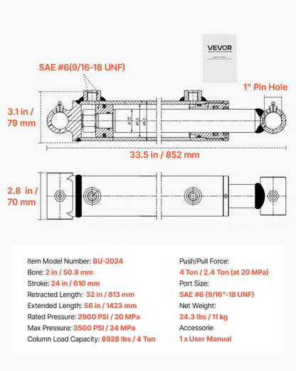 VEVOR Double Acting Hydraulic Cylinder, 2" Bore x 24" Stroke, Max 3500PSI Hydraulic Cylinder, Heavy-Duty Welded Cross Tube Cylinders with 1" Pin Hole & SAE #6 Port for Agricultural Machinery, Tractors - CGSZYYYG2INCOV2AN001V0 - view 8