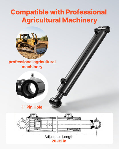VEVOR Double Acting Hydraulic Cylinder, 2" Bore x 12" Stroke, Max 3500PSI Hydraulic Cylinder, Heavy-Duty Welded Cross Tube Cylinders with 1" Pin Hole & SAE #6 Port for Agricultural Machinery, Tractors - CGSZYYYG2INCY7GAR001V0 - view 3
